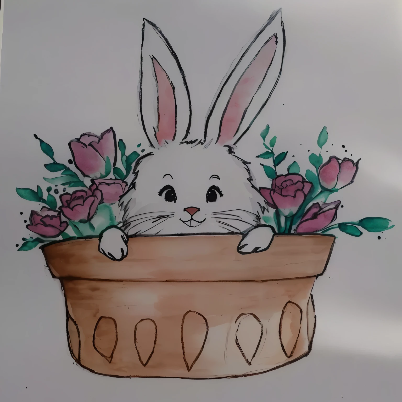 there is a drawing of a coelhinho in a flower pot, coelhinho, Tinta e aquarela wash, Tinta e aquarela, aquarela e caneta, detalhe adicionado, Aquarela, por Károly Lotz, a coelho full of hope, coelhinho ears, coelhinho head, anthropomorphic coelho, coelho face only, coelho, half coelhinho, with coelhinho ears