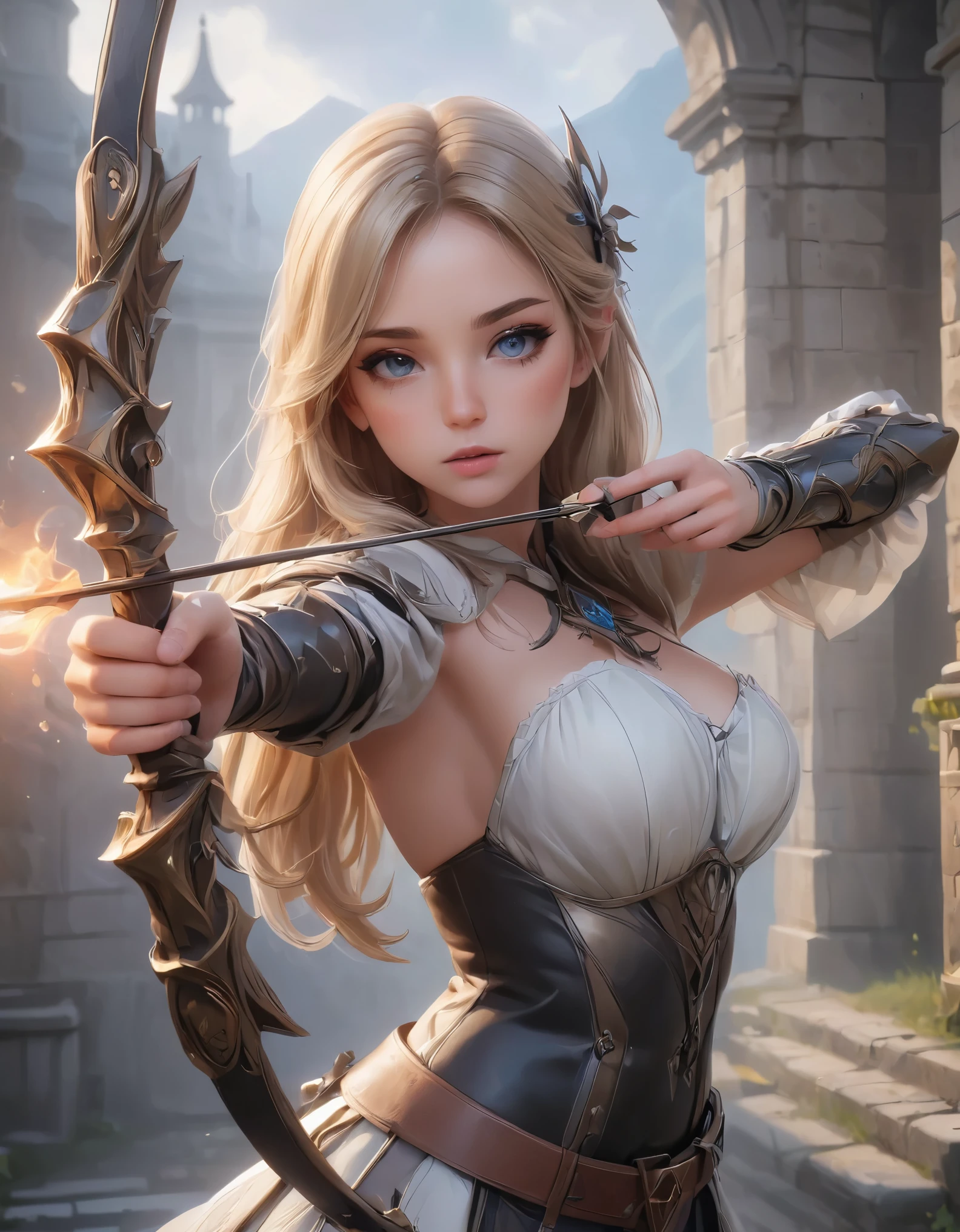 Woman shooting a bow, Large Bow and Arrow, Take aim, longbow , Aiming with a bow, Delicate expression, Perfect hands(Five fingers), Beautiful Hair, Shiny Hair, Beautiful Skin, Detailed face and eyes, Glossy Lips, Medieval Fantasy, dramaticな照明, Film composition, dramaticなポーズ, Medieval Armor, Intricate details, Dramatic atmosphere, Moody lighting, an epic fantasy, Very detailed, Cinematic, dramatic, powerful, strong, (Highest quality:1.2, Very detailed, Latest, Vibrant, Ultra-high resolution, High Contrast, masterpiece:1.2, Highest quality, Best aesthetics),