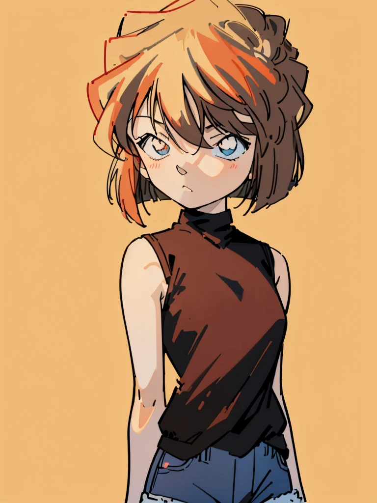 masterpiece, best quality, beautiful face, (street, upper body:1.4), anime style, (1girl in, Solo:1.0), (Haibara Ai), ((Short pants)), (((Big eyes))), (Cute anime girl head), (flat chest),looking at viewer,With a height of 100cm, shoot from front, (head shot), Simple line minimalism, Abstract Art, City background
