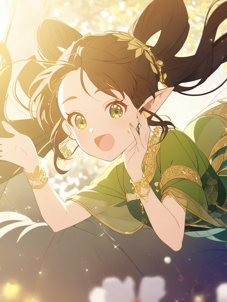 1woman, playful, elven, black brown hair, thick twin tail hairstyle, bangs hair, light green starry-eyed , joyful, elegant, traditional thai colourfully costume,