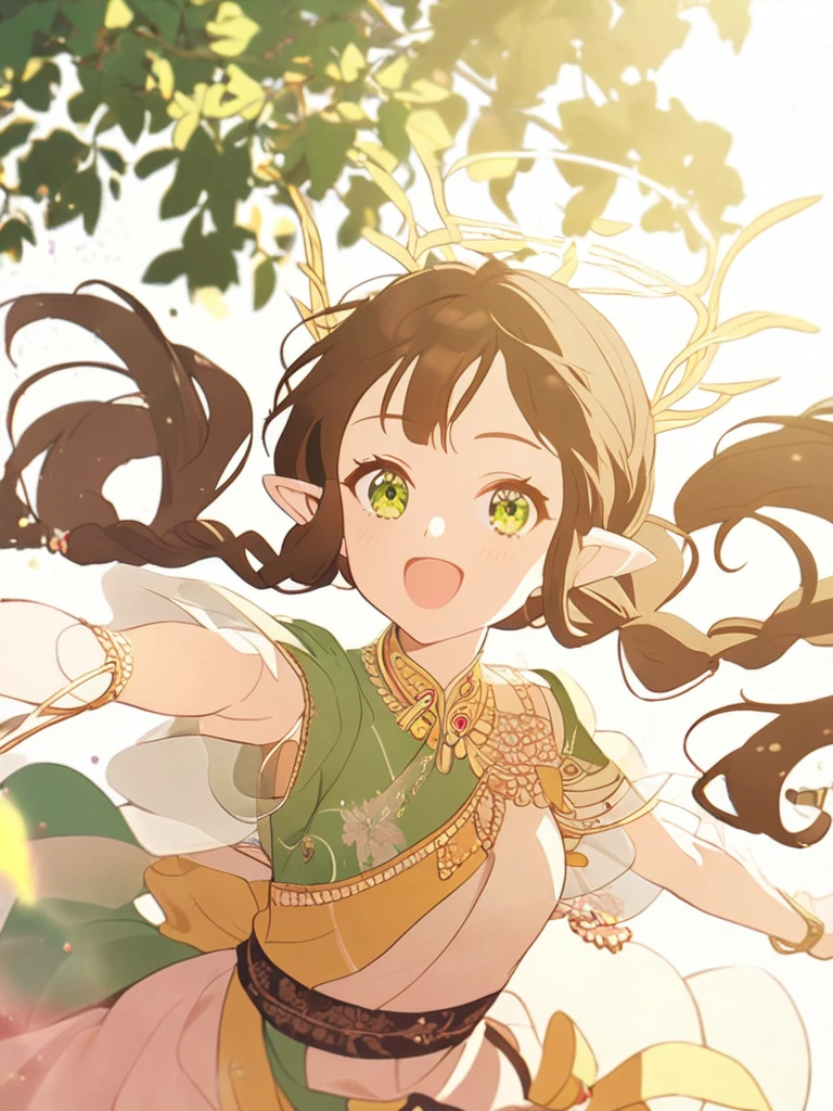 1woman, playful, elven, black brown hair, thick twin tail hairstyle, bangs hair, light green starry-eyed , joyful, elegant, traditional thai colourfully costume,