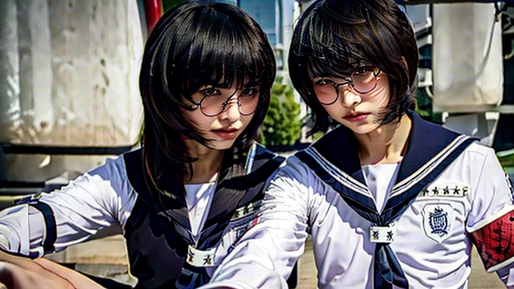 Suzuka in a sailor suit and a man in a suit with his bangs down, Couple, Two-shot selfie, 1girl, badass ikemen