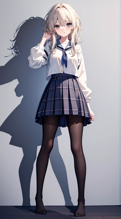 the best, masterpiece, HD, (whole body), Frontal lobe, symmetry, Mature high school girl, Solitary, (whole body from head to toe), Small Breasts, Long hair, slightly Messy hair, (Black tights), ( (Black pantyhose), Black pantyhose, composition White, slender beautiful leg, A very beautiful  girl (No shoes) leg), blush, Shy big eyes, Messy hair, Looking at the camera, White, White Frilly Bra, High school uniform jacket, High school uniform white shirt, blue ribbon high school, High Waist Short Plaid Navy Pleated Skirt