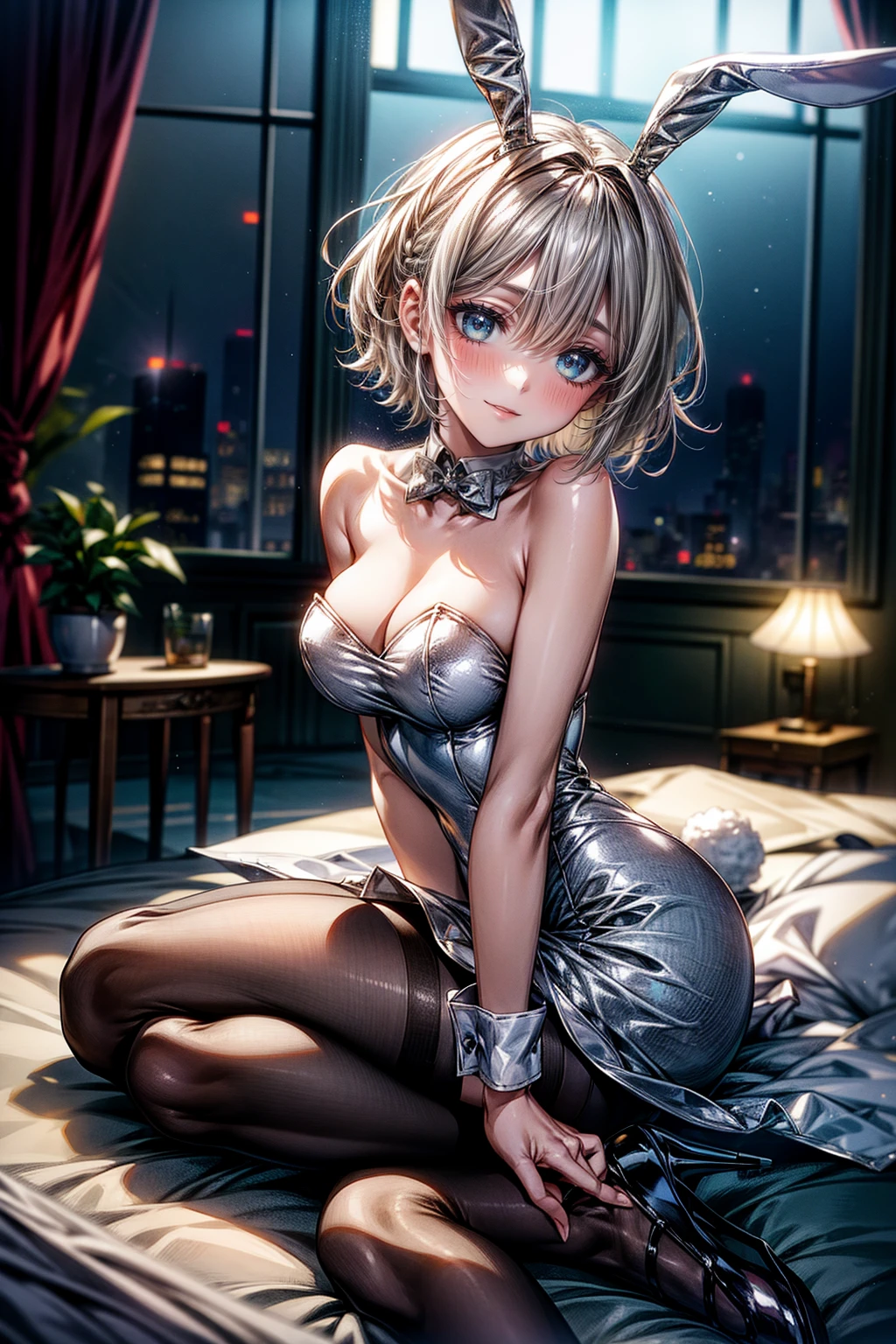 Highest quality、、(Bunny girl)、tights、High heels、Bunny Suit、Show Viewer、Angle from behind、W sitting、smile、Futuristic Living Room、indirect lighting、Room with houseplants、Illuminations of the city can be seen from the window、Night view、Silver short hair、Beautiful Eyes、Beautiful Face、Delicate eyes、Angle looking up from below、breast enhancement