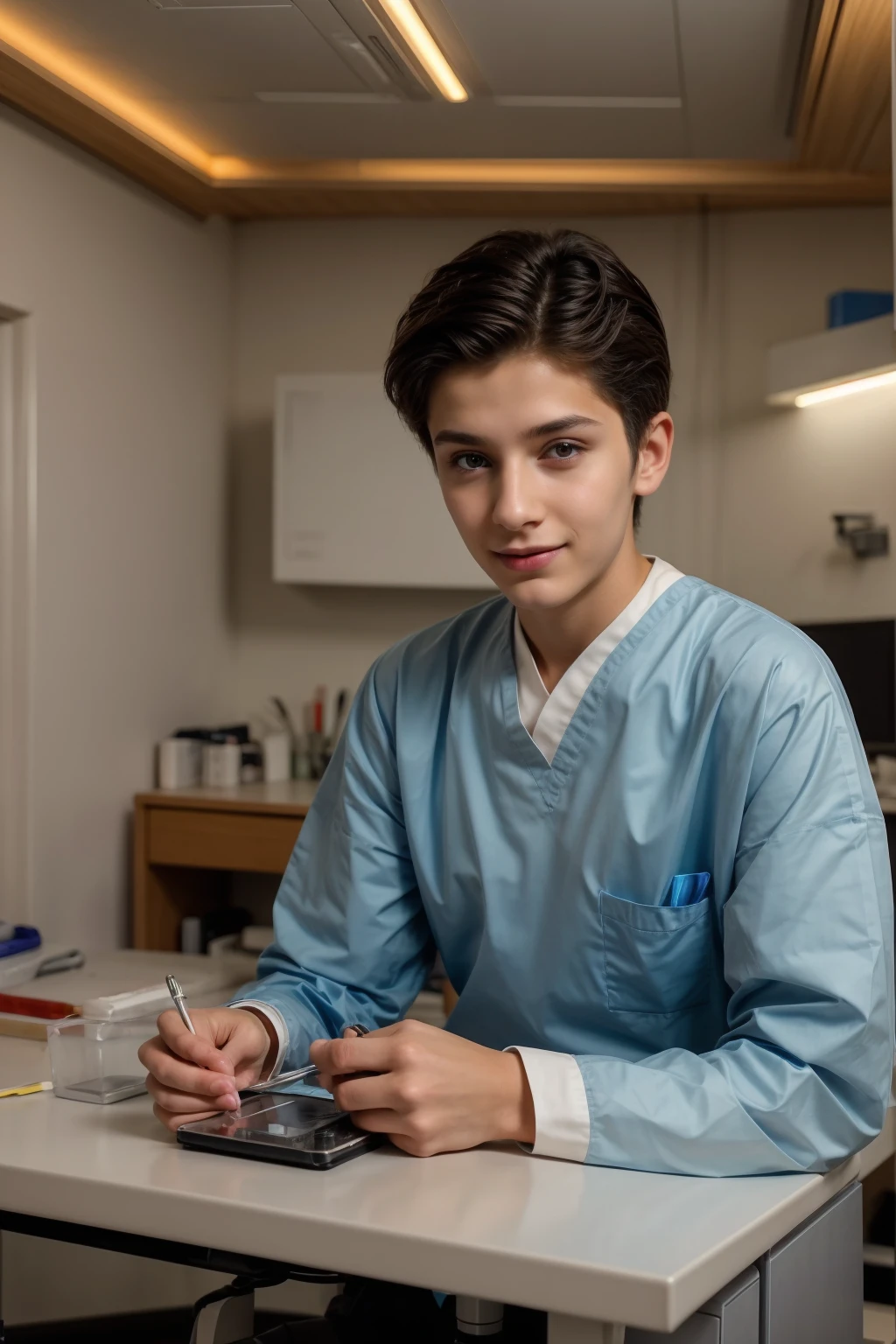 A beautiful young man, a cute male twink, with black hair and wearing a surgical uniform. He is in the surgical theater, and behind him are medical tools for surgery, devices, and monitors with nerve cells, resonance imaging, etc., and he looks proudly, with a face with red makeup, sitting at a luxurious desk.