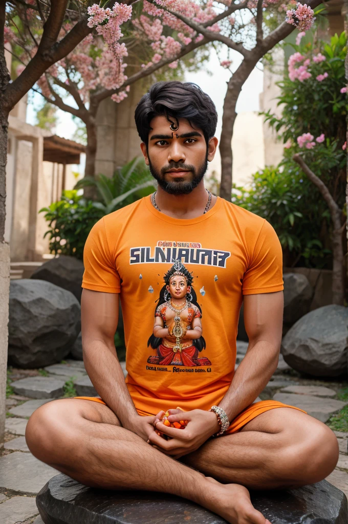 Create a Realistic High Quality image of LORD HANUMAN is depicted in meditation . Sitting on a Stone. A Realistic 18 year old boy Wearing Saffron T-shirt sprinkles flowers to HANUMAN and performs Pooja , Hanuman ji giving blessings to boy,Name "Veera" is written on the Boy's T-shirt. The Background features "Jai Hanuman" in the background. beautiful background view .