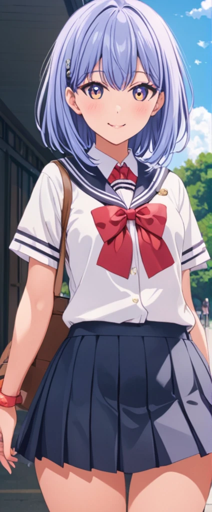 20-year-old,School,noon,(((miniskirt school uniform))),,open mouth smile、White panties visible、Panty shot、Skirt flip