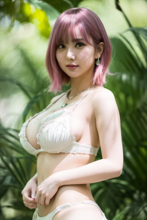 (masterpiece:1.3), (High resolution:1.1), Detailed beautiful face, Detailed beautiful, (huge breasts, gigantic breasts:1.4 araffe with pink hair and a white bra is posing in a white bikini, japanese goddess, oppai, sfw huge breasts, seductive girl, big breasts, anime girl in real life, oppai proportions, big breasts!, biomechanical oppai, giant stunning goddess shot, big breasts!!, realistic young gravure idol, trending at , korean girl, Korean sexy