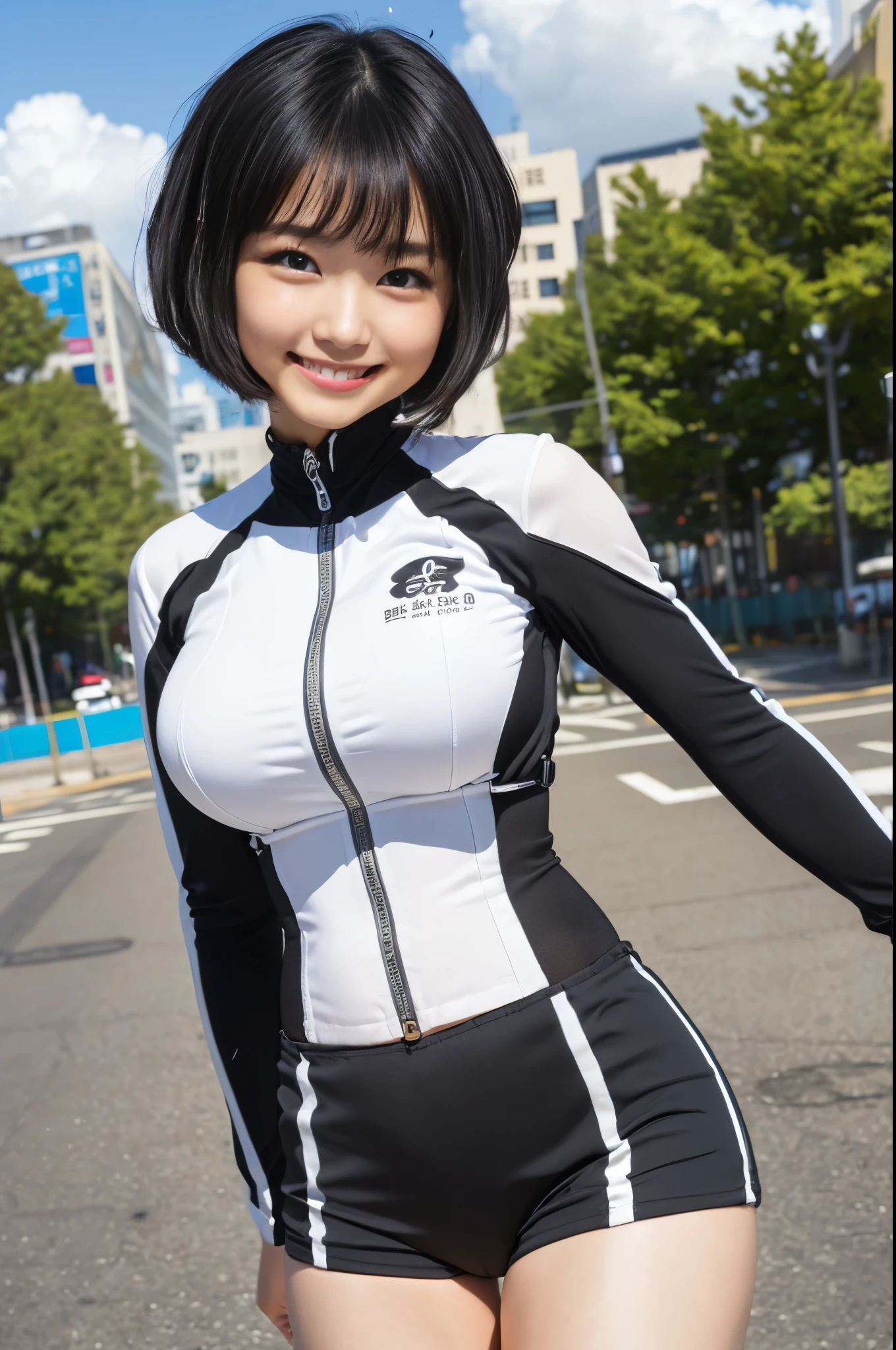 (8K、Raw photography、Highest quality、masterpiece:1.2),(Black Hair、Dark Eyes:1.9),(:1.6)、View your audience,Viewed from the front,White skin,(:1.3)、(Tight waist:1.6)、(Clothes that accentuate the shape of the breasts:1.0)、(Big Breasts :1.3)、Slim figure、Ultra-high resolution,beautiful,beautiful fece,(One person、No background:1.9),whole bodyボディー,Japanese women,(reality的:1.37)、Photon Mapping,reality、(Baby-faced and cute: 1.2)、(Cute Smile: 1.8)、(Round face: 1.8)、Radio City、Physically Based Rendering、Depth of field rally background、photograph, (I can see your knees、Thigh close-up:1.8),(:1.6),whole body、Great quality