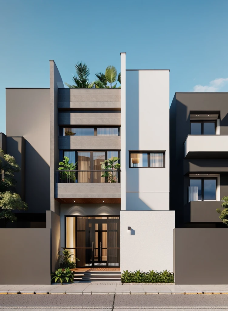 a render vray of a tall townhouse, (roof slat wooden detail:1.1), (white wall:1.2), modern exterior, with a plant on the top of it, frontview, elevation view, front-view, front elevation view, mid-view, modern lush condo as shopfront, front perspective, complete house, front view, overall architectural design, street elevation, 3/4 view from below, The ambient lighting highlights the textures and details, creating a stock photo-like atmosphere, best quality, (((Best Quality: 1.1))), ((Super Detail: 1.1))(straight strokedetail:1.3), (Intricate lines:1.1), ((Photorealism:1.1)),(((hyper detail:1.1))), archdaily, award winning design, (dynamic light:1.5), (day light:1), (perfect light:1.5), (shimering light :1.5), refection glass windows, trees, beautiful sky, photorealistic, FKAA, TXAA, RTX, SSAO, Post Processing, Post-Production, CGI, VFX, SFX, Full color,((Unreal Engine 5)), Canon EOS R5 Camera + Lens RF 45MP full-frame CMOS sensor, HDR, Realistic,8k,((Unreal Engine 5)), Cinematic intricate detail, extreme detail, science, hyper-detail, FKAA, super detail, super realistic, crazy detail, intricate detail, nice color grading, reflected light on glass, eye-catching wall lights, unreal engine 5, octane render, cinematic, trending on artstation, High-fidelity, Viwvid, Crisp, Sharp, Bright, Stunning, ((Lifelike)), Natural, ((Eye-catching)), Illuminating, Flawless, High-quality,Sharp edge rendering, medium soft lighting, photographic render, detailed archviz