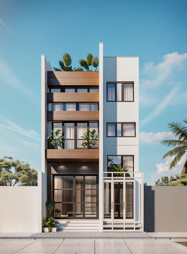 a render vray of a tall townhouse, (roof slat wooden detail:1.1), (white wall:1.2), modern exterior, with a plant on the top of it, frontview, elevation view, front-view, front elevation view, mid-view, modern lush condo as shopfront, front perspective, complete house, front view, overall architectural design, street elevation, 3/4 view from below, The ambient lighting highlights the textures and details, creating a stock photo-like atmosphere, best quality, (((Best Quality: 1.1))), ((Super Detail: 1.1))(straight strokedetail:1.3), (Intricate lines:1.1), ((Photorealism:1.1)),(((hyper detail:1.1))), archdaily, award winning design, (dynamic light:1.5), (day light:1), (perfect light:1.5), (shimering light :1.5), refection glass windows, trees, beautiful sky, photorealistic, FKAA, TXAA, RTX, SSAO, Post Processing, Post-Production, CGI, VFX, SFX, Full color,((Unreal Engine 5)), Canon EOS R5 Camera + Lens RF 45MP full-frame CMOS sensor, HDR, Realistic,8k,((Unreal Engine 5)), Cinematic intricate detail, extreme detail, science, hyper-detail, FKAA, super detail, super realistic, crazy detail, intricate detail, nice color grading, reflected light on glass, eye-catching wall lights, unreal engine 5, octane render, cinematic, trending on artstation, High-fidelity, Viwvid, Crisp, Sharp, Bright, Stunning, ((Lifelike)), Natural, ((Eye-catching)), Illuminating, Flawless, High-quality,Sharp edge rendering, medium soft lighting, photographic render, detailed archviz