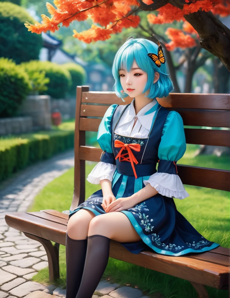 quality(8k wallpaper of extremely detailed CG unit, ​masterpiece, hight resolution, top-quality, top-quality real texture skin,hyper realisitic, digitial painting,increase the resolution,RAW photos，best qualtiy,highly detailed,the wallpaper),BREAK,8K, onmyoji-style art, full face, from profile, ((solo:1.2)),cute girl sitting on bench in garden,frilled dirndl,from above,looking up,cobblestone pavement,aqua hair,fine bob cut,(hair over one eye),(dappled sunlight:1.2),blurry,(depth of field:1.1),head tilt,:o,(petals),tree,butterfly,, 