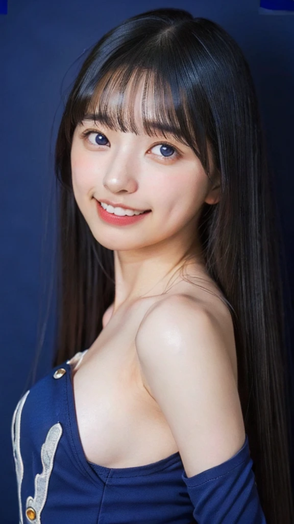 (Highest quality,masterpiece:1.2),One girl,alone,Fair skin,8K,Ultra-high resolution,Super detailed,Highest quality,(((((Upper Body))))),(((View your viewers))),((Perfect lighting)),(Bright lighting),super high quality,Ultra-high resolution,(Realistic),Perfect Anatomy,(bangs),(Long Hair),Black Hair,(((Normal chest))),(((dodger blue background:1.5))),((Simple Background)),17-year-old girl,((Front Face)),(Face to face),(((Tight waist))),Iouki,((blunt bangs)),smile,teeth,Tight leotards