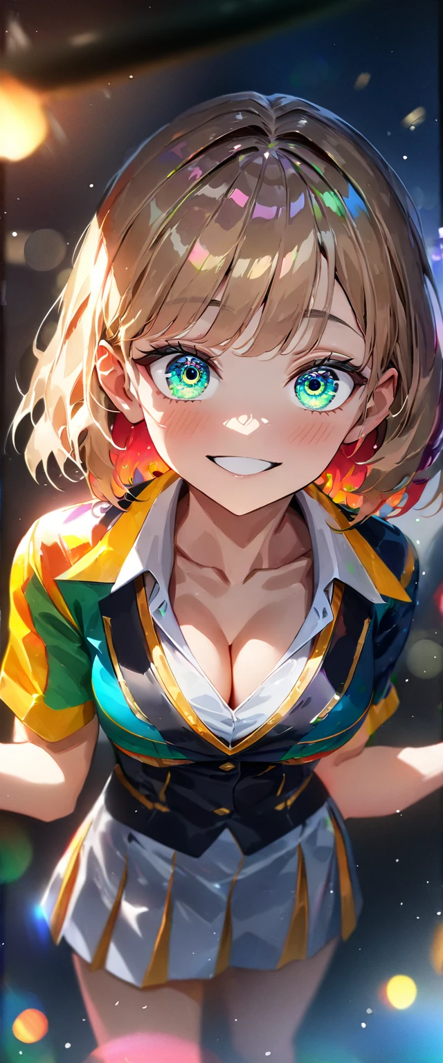 (((One girl))), blond hair, bob cut, (cowboy shot), (looking at viewer), face in focus, breasts, ager, head tilt:1.3, (((blue eye))), ((happy smile)), ((blush)), contrapposto, school summer uniform, white shirts, skirt, black waistcoat, ((cleavage)), anime style, (best quality, 4k, 8k, highres, masterpiece:1.2, ultra-detailed, ultra-detailed eyes, HDR, UHD, studio lighting, ultra-fine painting, sharp focus, physically-based rendering, extreme detail description, professional, vivid colors, bokeh)
