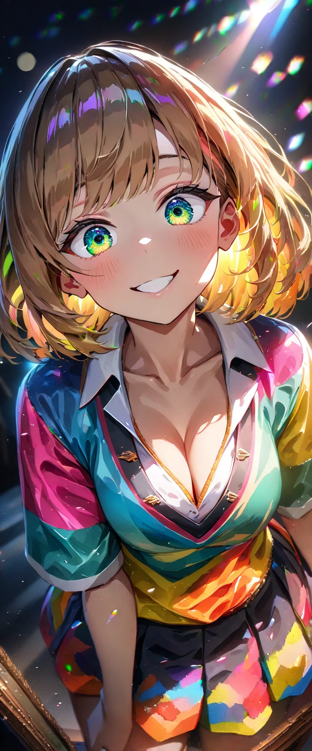 (((One girl))), blond hair, bob cut, (cowboy shot), (looking at viewer), face in focus, breasts, teenager, head tilt:1.3, (((blue eye))), ((happy smile)), ((blush)), contrapposto, school summer uniform, white shirts, skirt, black waistcoat, ((cleavage)), anime style, (best quality, 4k, 8k, highres, masterpiece:1.2, ultra-detailed, ultra-detailed eyes, HDR, UHD, studio lighting, ultra-fine painting, sharp focus, physically-based rendering, extreme detail description, professional, vivid colors, bokeh)
