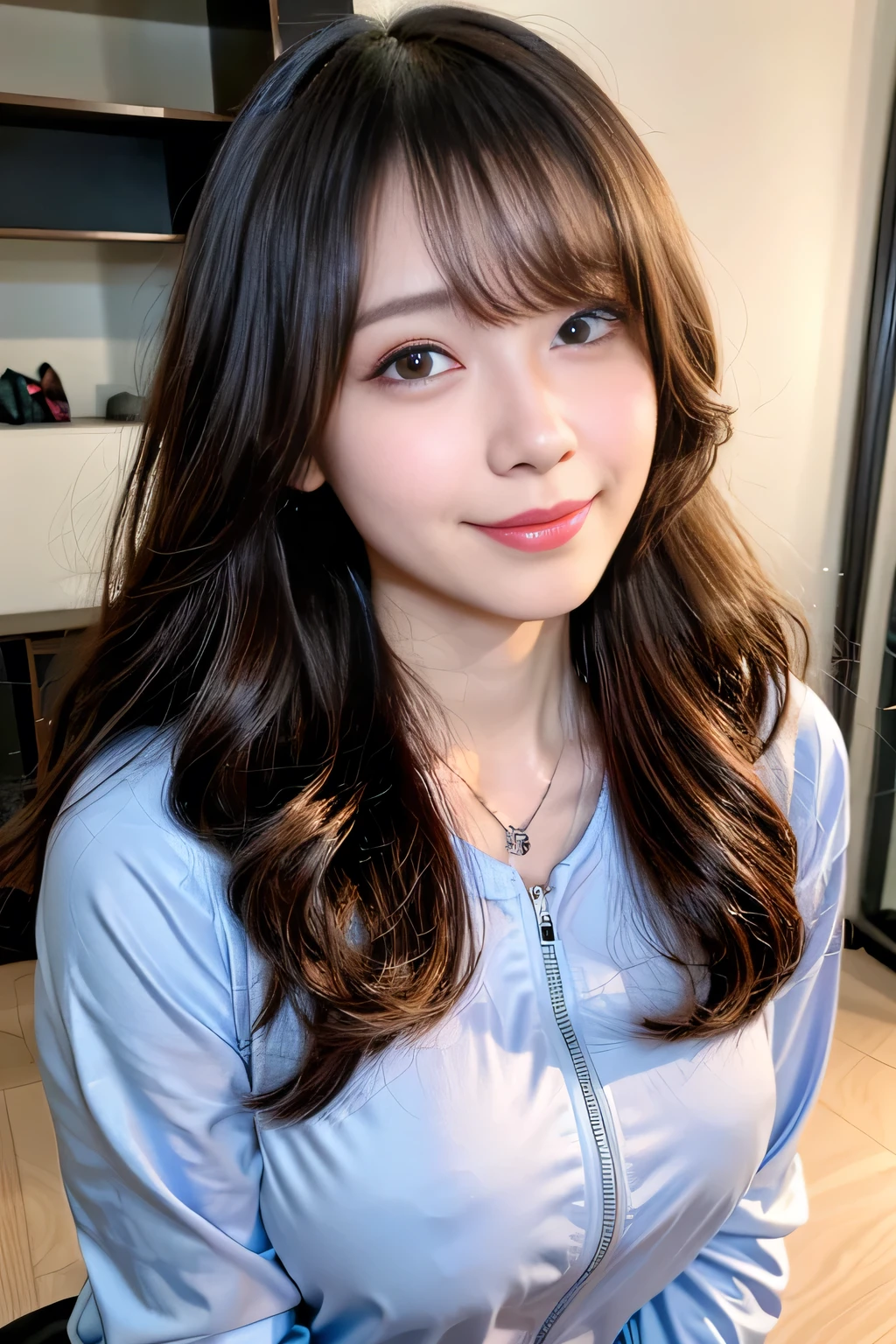seed;88117315,((Full Body Angle))、((Front hair:1.3))、((Highest quality, 8K, masterpiece: 1.3)), concentrated: 1.2, Cute girl 1, erect、 ct beauty: 1.4,T-Shirts、Shorts、pajamas: 1.2,Long sleeve、Randall Color、comics&Text Graphics、Black ruffle-trimmed drawstring zip blouse,1.1, Highly detailed face and skin textures, Fine grain, double eyelid, whitening skin, ,Highest quality,Ultra-high resolution,you,1 girl,alone,_Shiny_skin,Iris,necklace,((brown_length_Wavy_hair)),(lips)),eyelash,Front hair,deal with,compensate,Shiny,pore,skin,Large Breasts、((smace))、living、