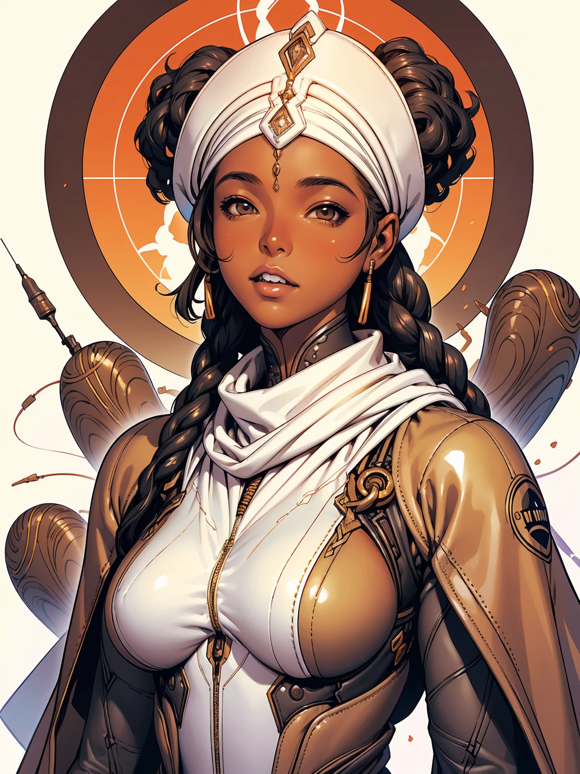 ((masterpiece, best quality, ultra detailed, beautiful illustration)), medieval warrior woman, atmospheric perspective, depth of field, looking at viewer, beautiful detailed eyes, solo, ((black skin:0.8)), ((African girl)), ((latin)), honey eyes, exquisite face, anime eyes: 1.4, short afro hair upwards with headband, 175 cm tall, ((dynamic pose)). dynamic angle, ((brave expression)), 1 girl, young adult woman, athletic and curvy figure, heavy paladin armor, ((medieval fantasy shield in Left hand)), ((long great sword in Right hand)), (normal breasts: 1.1), a medieval battlefield. full body image.