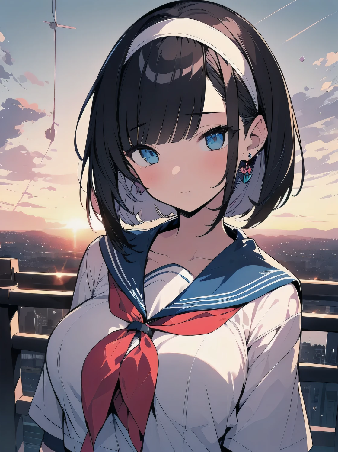 (best quality), (Super detailed), (Best Illustration), (masterpiece), (woman), upper body, (white serafuku), (large breasts), {(detailed eyes), blue eyes}, {brown hair, (sideburns), (bob cut:1.3), curly hair, hairs between eyes, colored inner hair}, blush, earring, hair band, (wind), beautiful sky, (panoramic view:1.4)