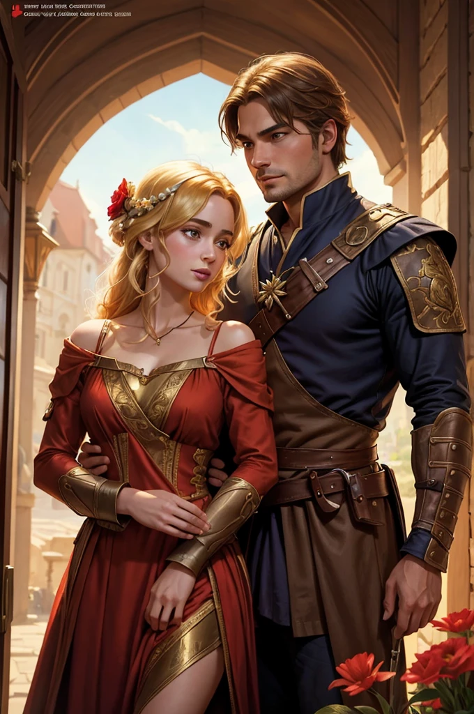 Two person 1 Luke Eisner is a prince who has golden blond hair, wears a medieval military outfit and is in love with the commoner 2 Lily Collins, who has curly blonde hair and wears a red dress, the two kiss very affectionately, illustration of a romance book cover with a detailed, smooth, bright background filled with flowers, art by Greg Hildebrandt, Citemer Liu, Stjepan Sejic, Samyang, Aykut Aydogdu, Justin Gerard, Alphonse Mucha, Artgerm, WLOP, and Greg Rutkowski