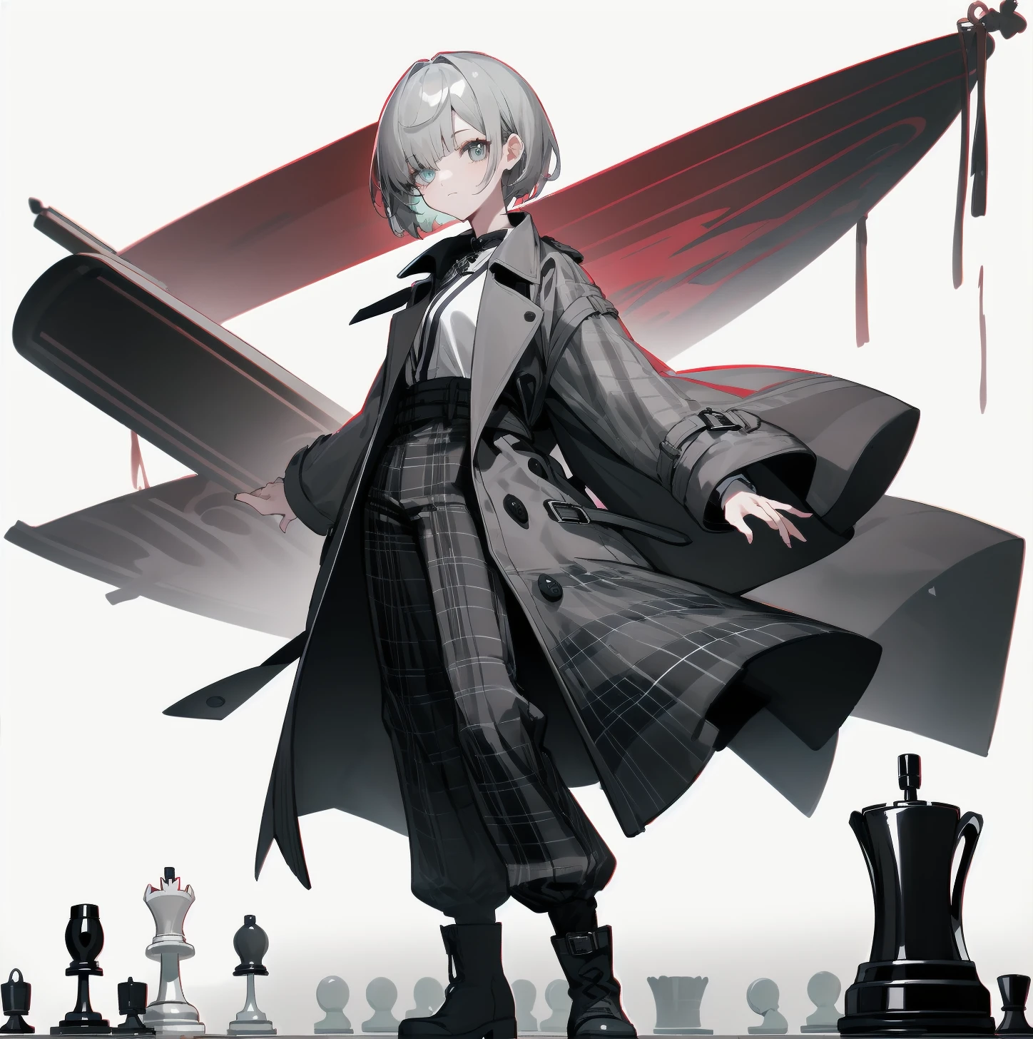 [(White background:1.15), ::2]solitary, Medium shot, whole body，High saturation girl，（Gray short hair），[White background 1::5]，Bangs cover one eye，（Standing on a giant chess board），地板铺have黑白菱形瓷砖，（（（White background1::5））），（（（beautiful eyes））），（（Facial depiction）），（（Delicate face）），have，Grey plaid trench coat，White shirt，boots,Pants