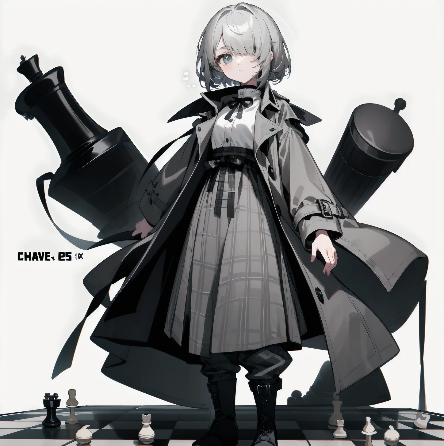 [(White background:1.15), ::2]solitary, Medium shot, whole body，High saturation girl，（Gray short hair），[White background 1::5]，Bangs cover one eye，（Standing on a giant chess board），地板铺have黑白菱形瓷砖，（（（White background1::5））），（（（beautiful eyes））），（（Facial depiction）），（（Delicate face）），have，Grey plaid trench coat，White shirt，boots,Pants