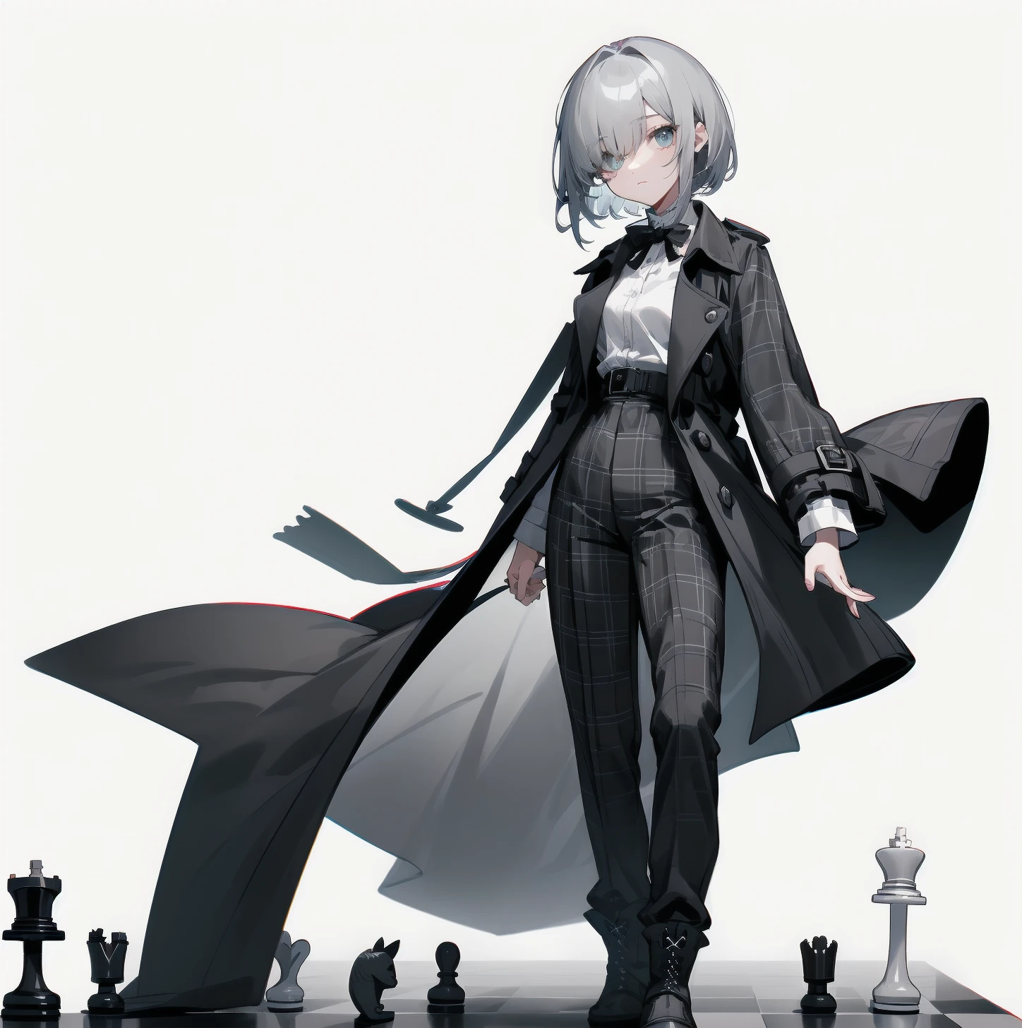 [(White background:1.15), ::2]solitary, Medium shot, whole body，High saturation girl，（Gray short hair），[White background 1::5]，Bangs cover one eye，（Standing on a giant chess board），地板铺have黑白菱形瓷砖，（（（White background1::5））），（（（beautiful eyes））），（（Facial depiction）），（（Delicate face）），have，Grey plaid trench coat，White shirt，boots,Pants