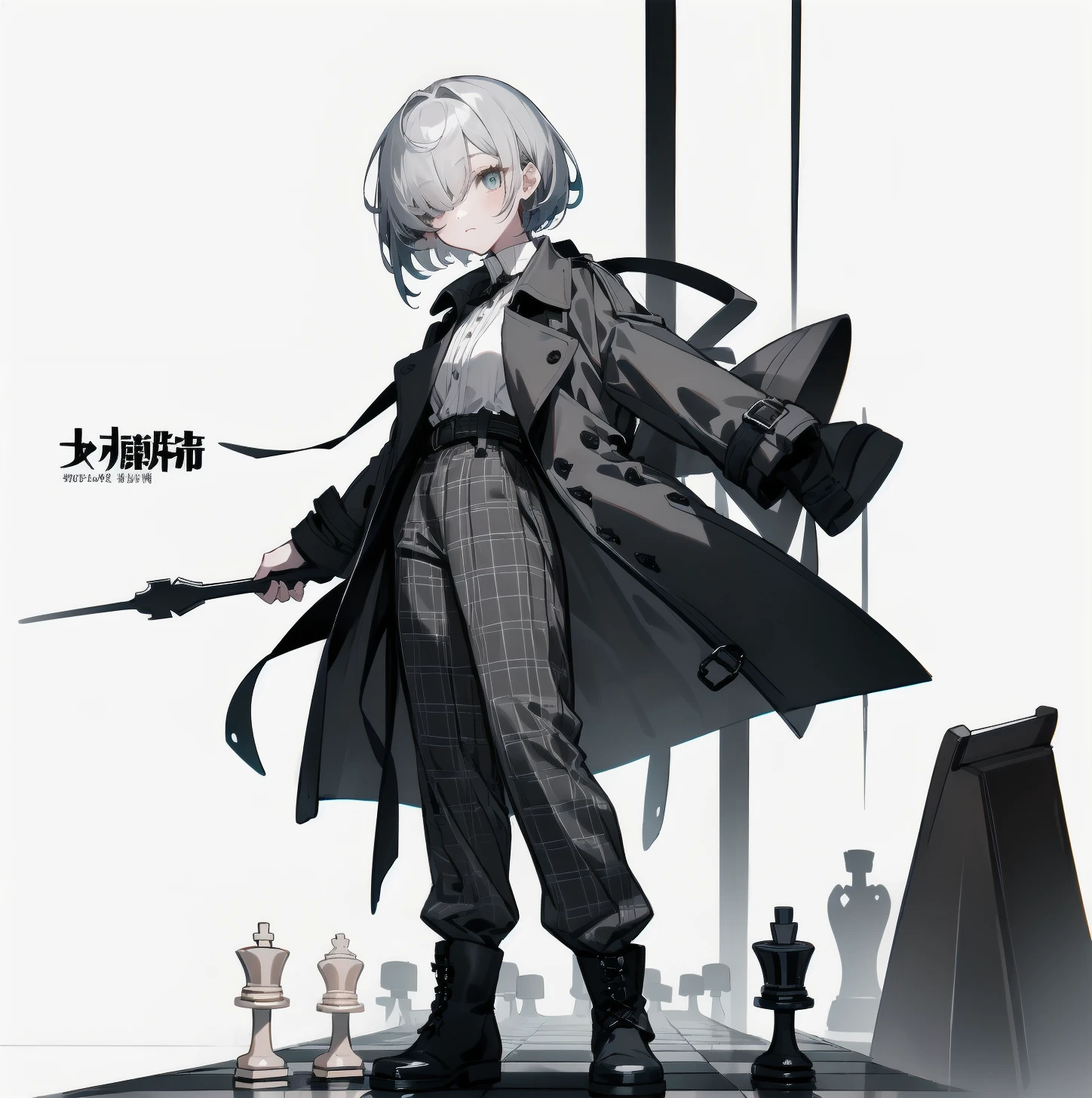 [(White background:1.15), ::2]solitary, Medium shot, whole body，High saturation girl，（Gray short hair），[White background 1::5]，Bangs cover one eye，（Standing on a giant chess board），地板铺have黑白菱形瓷砖，（（（White background1::5））），（（（beautiful eyes））），（（Facial depiction）），（（Delicate face）），have，Grey plaid trench coat，White shirt，boots,Pants