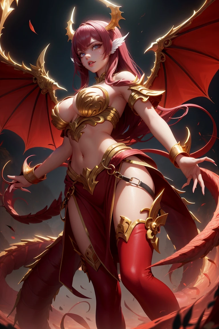 golden dragon girl with wings, perfect hands, golden shine, fictional figure body hands on waist