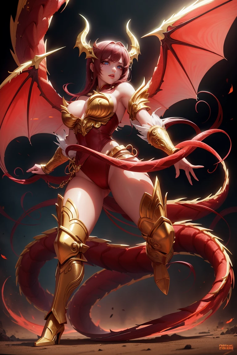 golden dragon girl with wings, perfect hands, golden shine, fictional figure body hands on waist