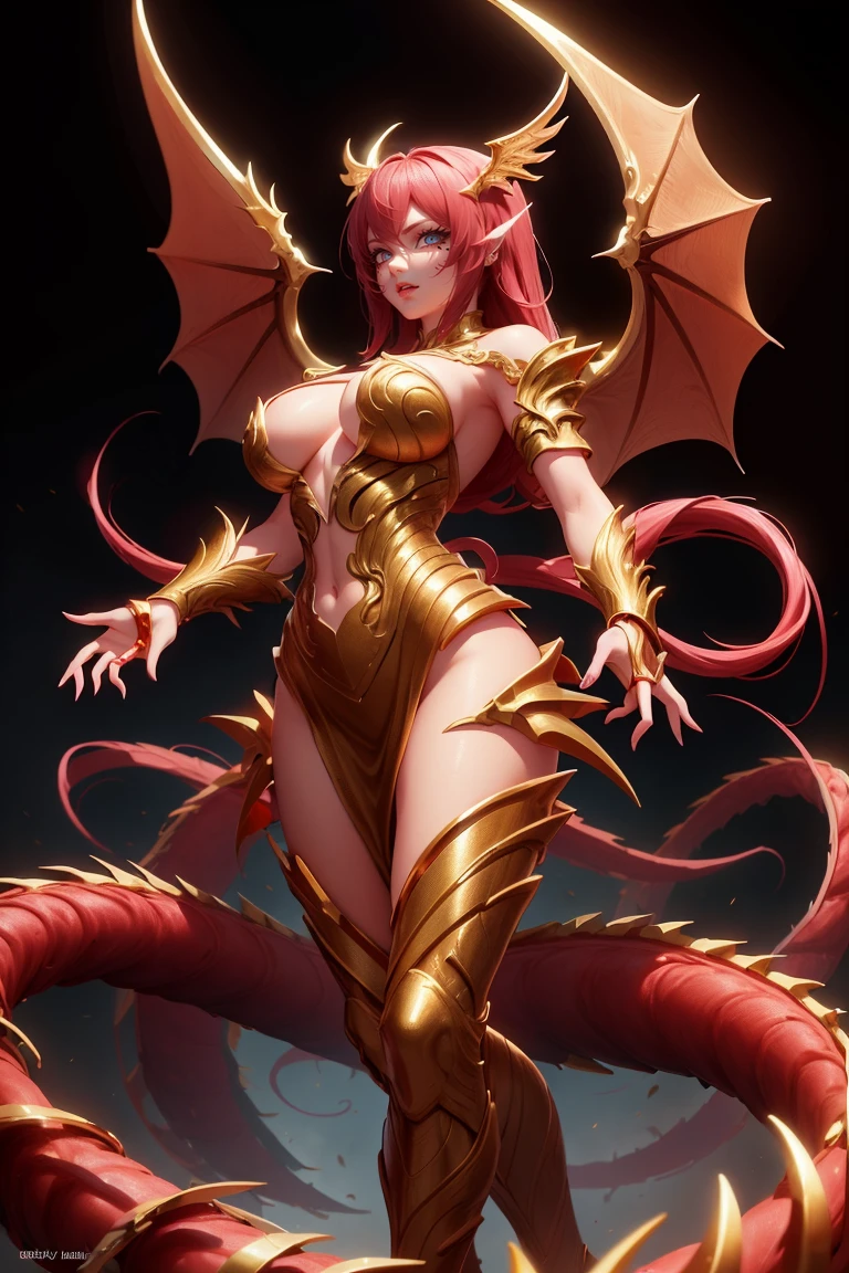 golden dragon girl with wings, perfect hands, golden shine, fictional figure body hands on waist
