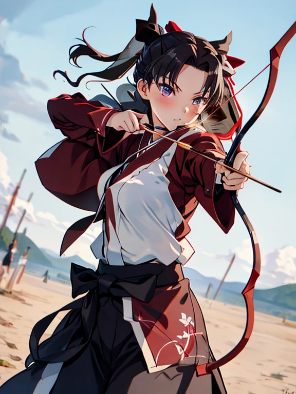 Kyudo, (Shooter), Archer, (masterpiece), highest quality, Tohsaka Rin, 1girl, uhd, retina, masterpiece, ccurate, anatomically correct, textured skin, super detail, high details, high quality, best quality, highres, 4K