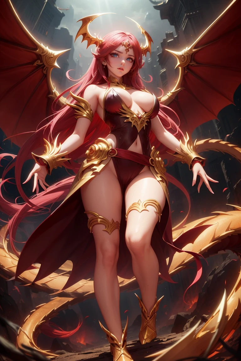 golden dragon girl with wings, perfect hands, golden shine, fictional figure body hands on waist