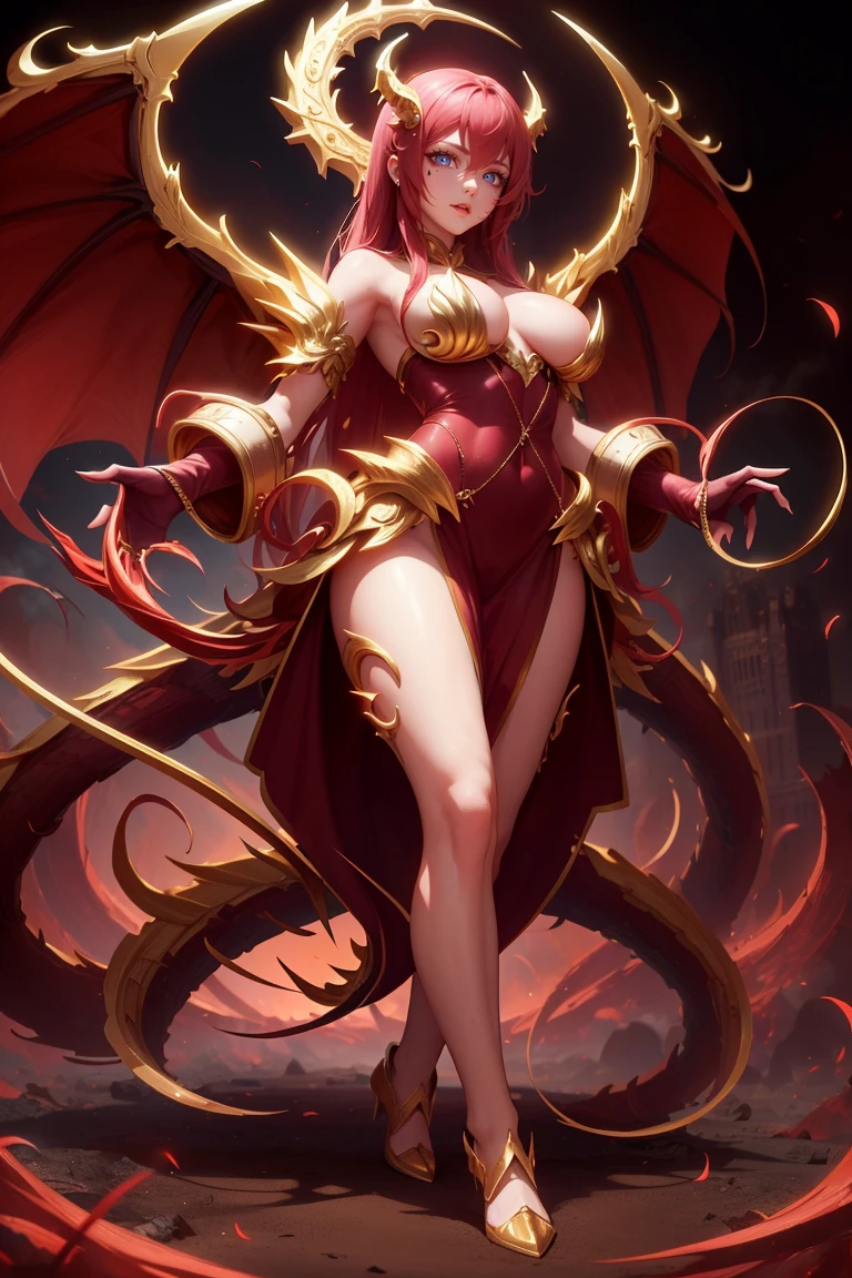 golden dragon girl with wings, perfect hands, golden shine, fictional figure body hands on waist