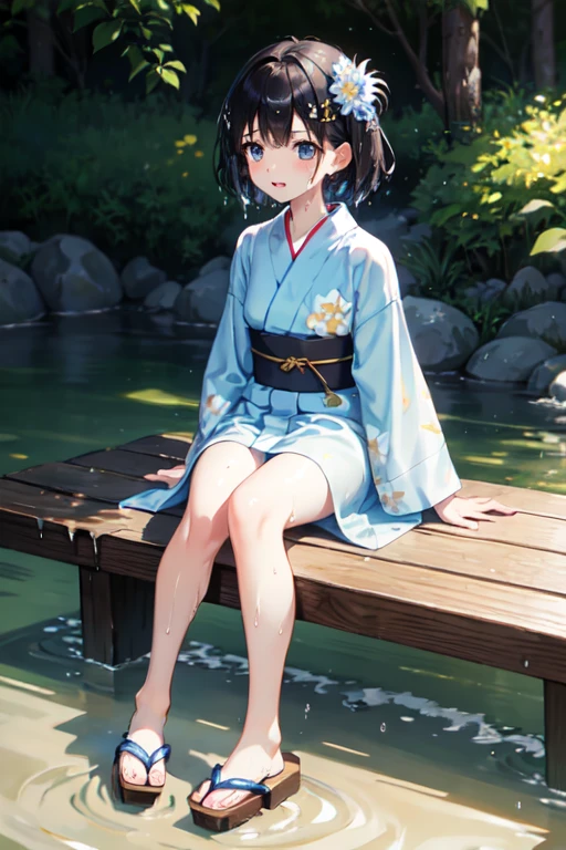 Highest quality、whole body、Black Hair、Iris、short hair、girl、cute、16 years old、、Small hair ornament、Light blue yukata、A little embarrassed、The shoes are geta、soaked、Soaking wet
