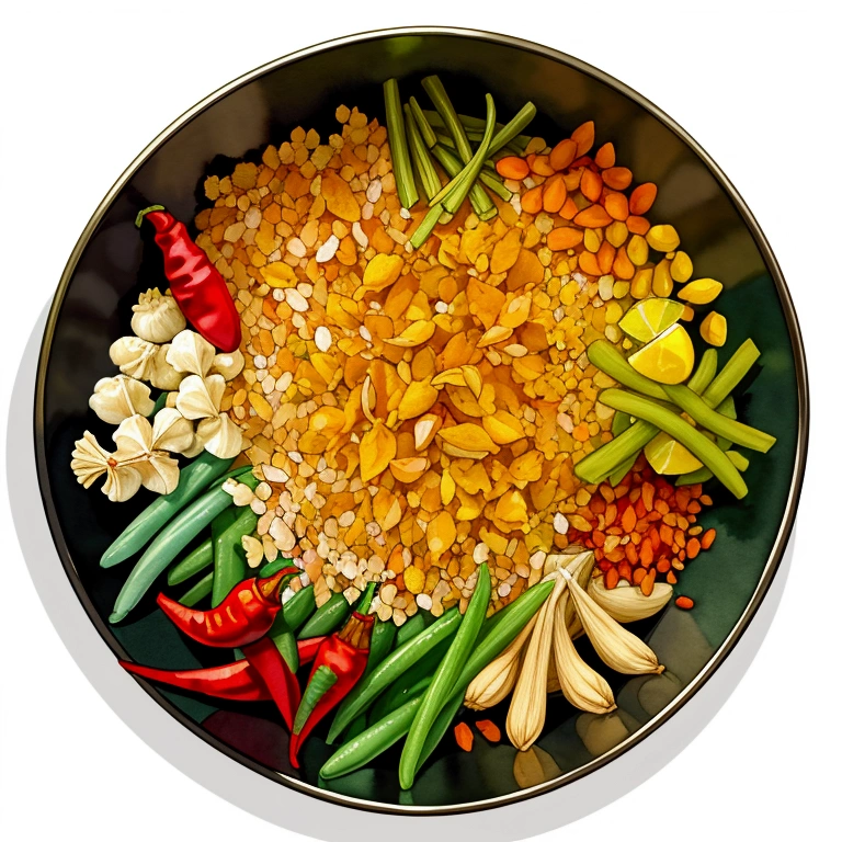 (masterpiece)), ((best quality:1.2)), ((watercolor)), ((vibrant color))), ((minimalist)), surrounded with ((negative space)), ((solid white background)), a wooden tray full of a lot of spices in many different type of container and small jar, cooking spices, turmeric, galangal, red chilies, green chilies, shallots, coriander, lemongrass, cloves, tamarind, garlic, whole grains, green beans, ginger, salt,,((no Clipping)), ((no shadow clipping)), ((no object clipping)), (((solid white background))), very subtle shadow, (perspective view),