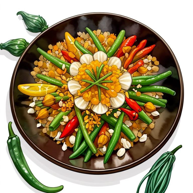 (masterpiece)), ((best quality:1.2)), ((watercolor)), ((vibrant color))), ((minimalist)), surrounded with ((negative space)), ((solid white background)), a wooden tray full of a lot of spices in many different type of container and small jar, cooking spices, turmeric, galangal, red chilies, green chilies, shallots, coriander, lemongrass, cloves, tamarind, garlic, whole grains, green beans, ginger, salt,,((no Clipping)), ((no shadow clipping)), ((no object clipping)), (((solid white background))), very subtle shadow, (perspective view),