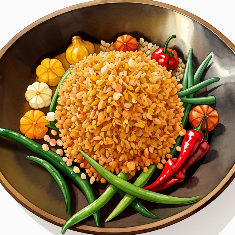 (masterpiece)), ((best quality:1.2)), ((watercolor)), ((vibrant color))), ((minimalist)), surrounded with ((negative space)), ((solid white background)), a wooden tray full of a lot of spices in many different type of container and small jar, cooking spices, turmeric, galangal, red chilies, green chilies, shallots, coriander, lemongrass, cloves, tamarind, garlic, whole grains, green beans, ginger, salt,,((no Clipping)), ((no shadow clipping)), ((no object clipping)), (((solid white background))), very subtle shadow, (perspective view),