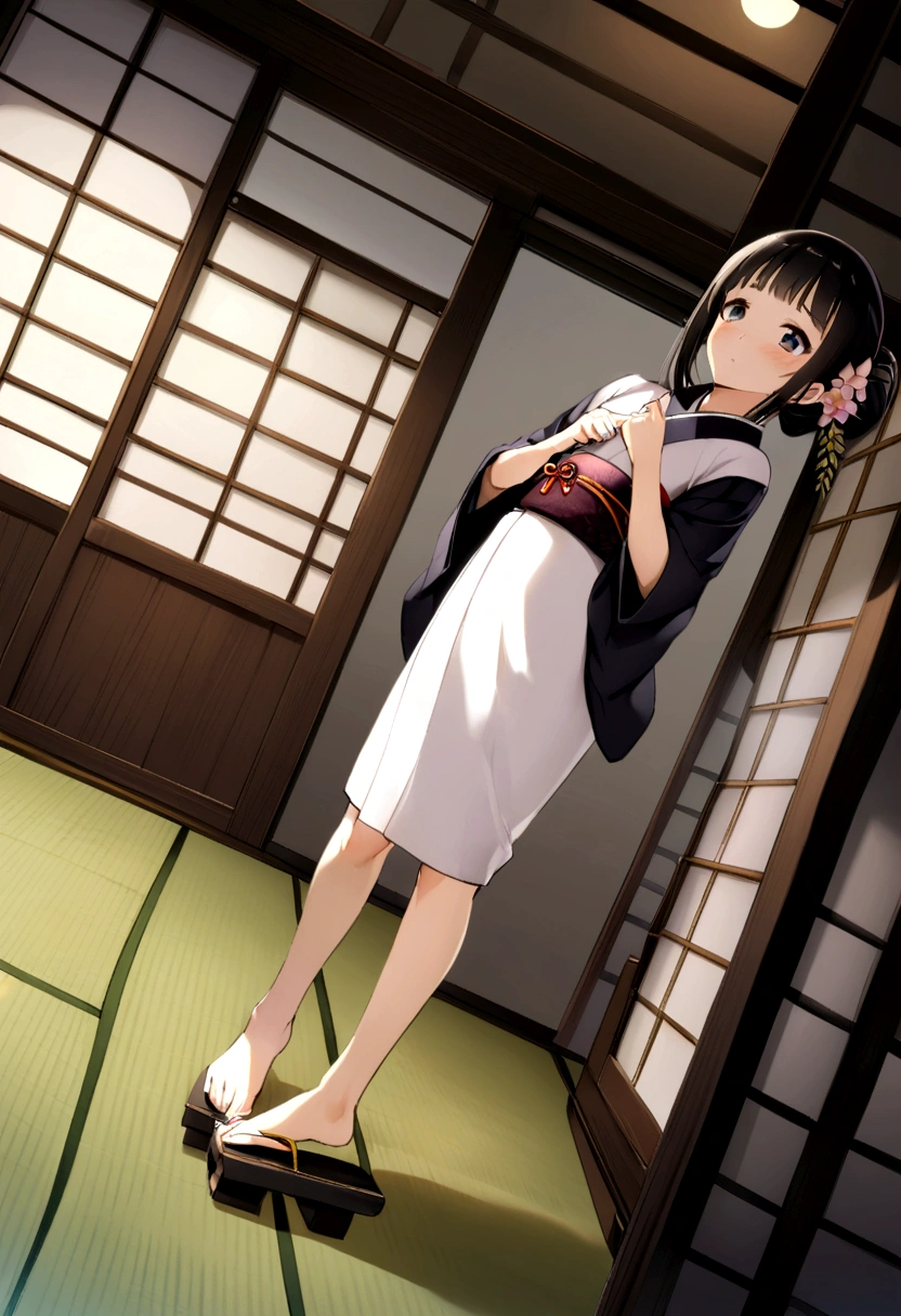 closeup-face、Zashiki-warashi、Japanese style、Shoji screen、tatami、Haunted House、darkness、Late Night、kimono、Bob、Girl、Girl、Younger、Baby Face、flat chest、Black Long Hair、Dynamic Angle、Innocence、Pure、Embarrassed、Flower Hair Ornaments、Geta or bare feet