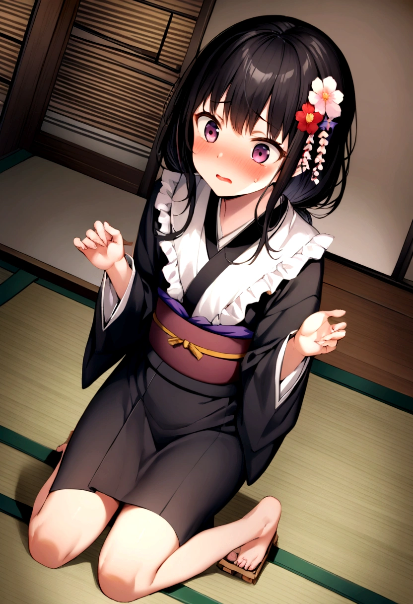 ((nsfw)),masterpiece,accurate,anatomically correct,textured skin,super detail,high details,high quality,best quality, highres,8k,View Viewer,face and body straight at the camera,wariza,kimono,sitting in Japanese-style room,seductive smile,nervous smile,Shyness,,slender,middle hair, little two side up,flat chest,shiny hair,Fair skin,Straight black hair