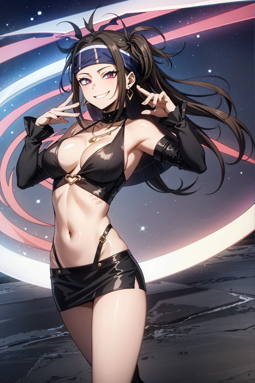 masterpiece, highres, best quality, absurdres, official, 1girl, solo, headband, long hair, (whore outfits), casino, bodycon, metallic dress, miniskirt, necklace, earring, navel, face focus, naughty smile, sagging breasts, shiny skin