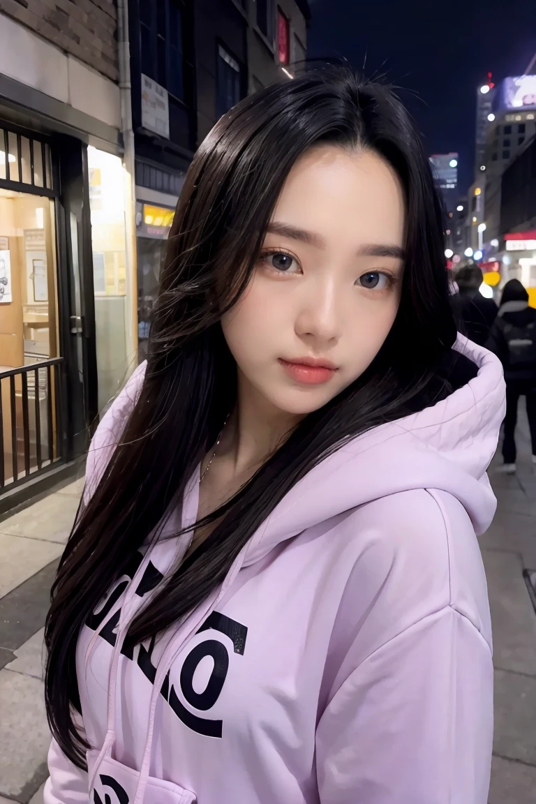 ,1 girl, solo,, black hair, comma hair, forehead comma hair, korean hair, street style, Purple hoodie, shiny, Red eyes, looking at viewer, upper body, shy face