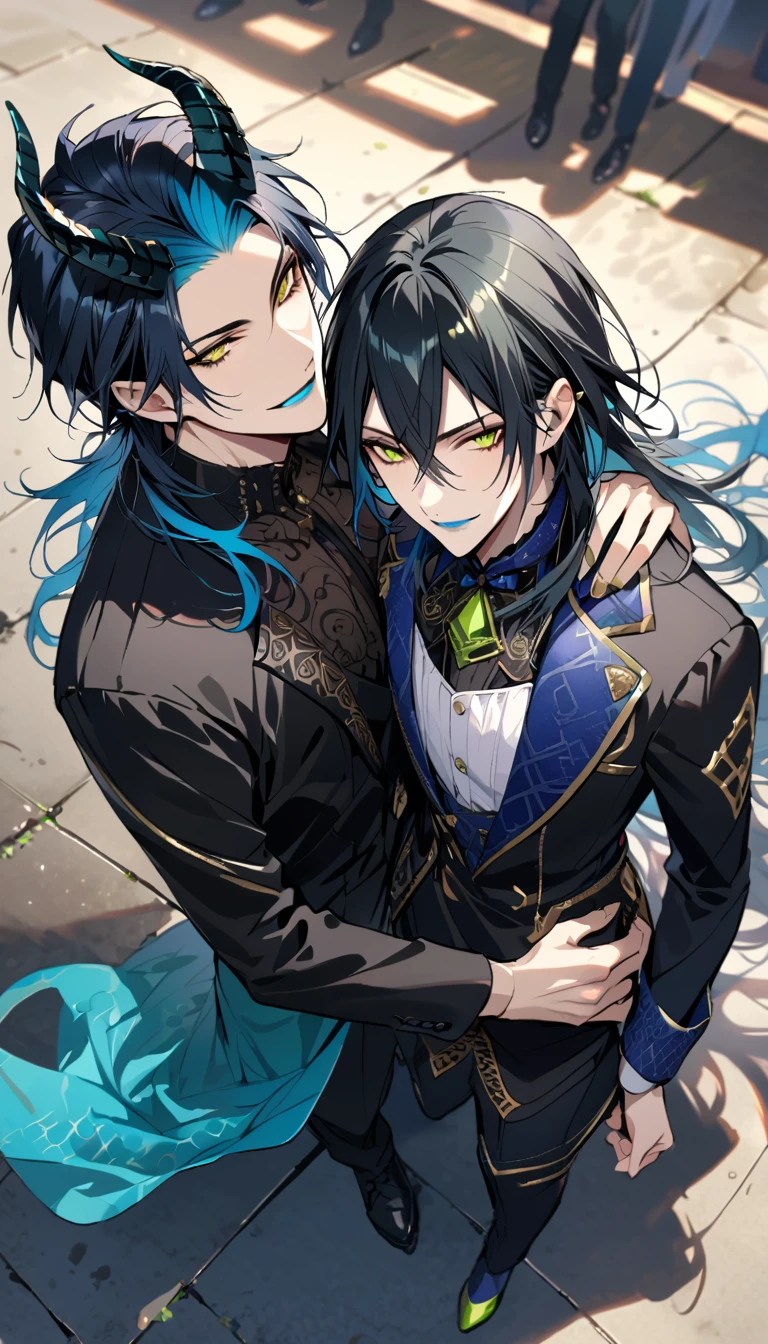 (pieces fly), (highest quality), very detailed, ((two men)), perfect face, beautiful face, very detailed face, (from above:2.0),(black haired man:1.3)，(blue haired man:1.3)，suit，shirt，smile，flower, (1st boy,Idia Shroud, bishounen, boy, male, extremely long hair, blue hair, blue fire hair, wavy hair, yellow eyes, tired expression, blue lips, handsome, skinny, geeky, blue glow, shark teeth,) (2nd boy, malleus draconia \(twisted wonderland\) horns, bishounen, boy, male, long hair, black hair, yellow green eyes, smile, gray lips, handsome, skinny, tall, yellow green glow,)  Two men are hugging each,