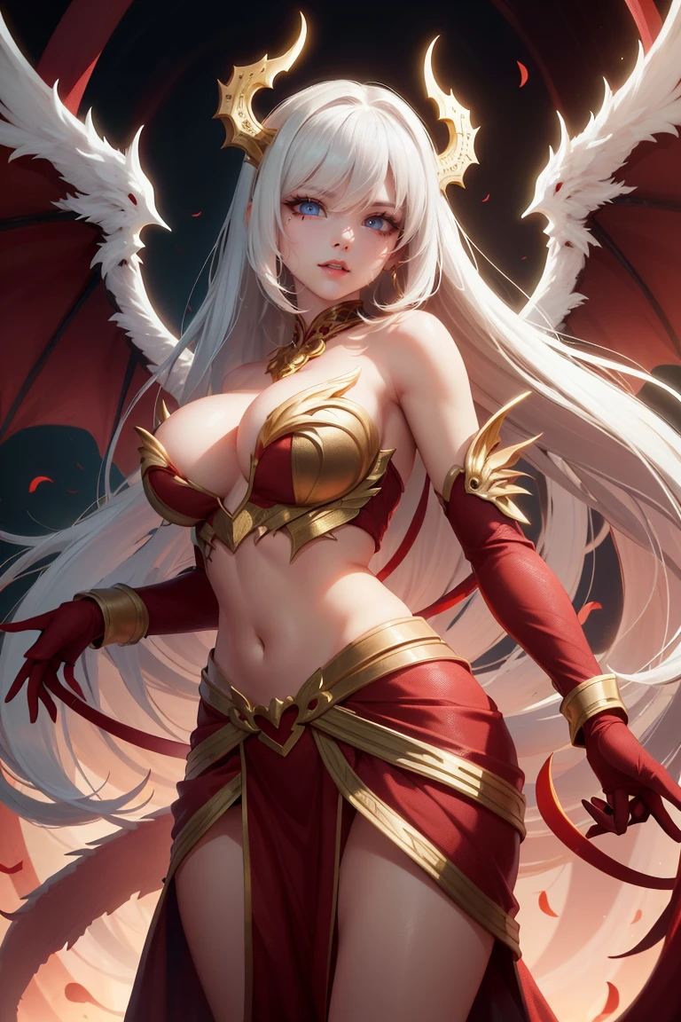 golden dragon girl with wings, White hair, perfect hands, golden shine, fictional figure body hands on waist