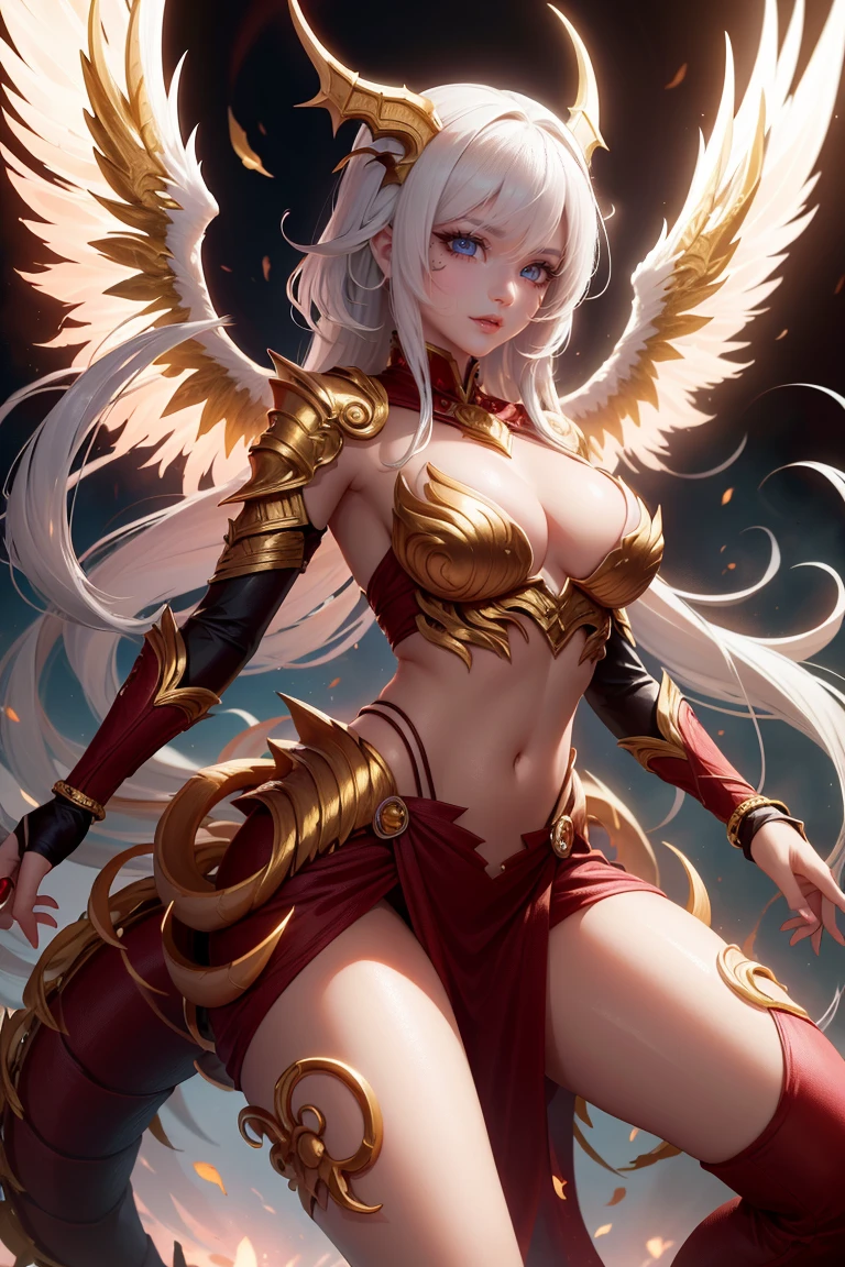 golden dragon girl with wings, White hair, perfect hands, golden shine, fictional figure body hands on waist