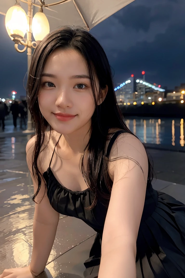 (RAW photos, best quality), (realistic, photorealistic: 1.2), (round face: 1), 1 girl, selfie outdoor, (high detail skin: 1.2), (puffy eyes), (lying silkworm), smile, collarbone, air bang, straight brown black hair, pure black pleated skirt, soft lighting, high quality, cityscape, skyline, night, rain, wet, professional lighting, Photon mapping, radiosity, physically based rendering,