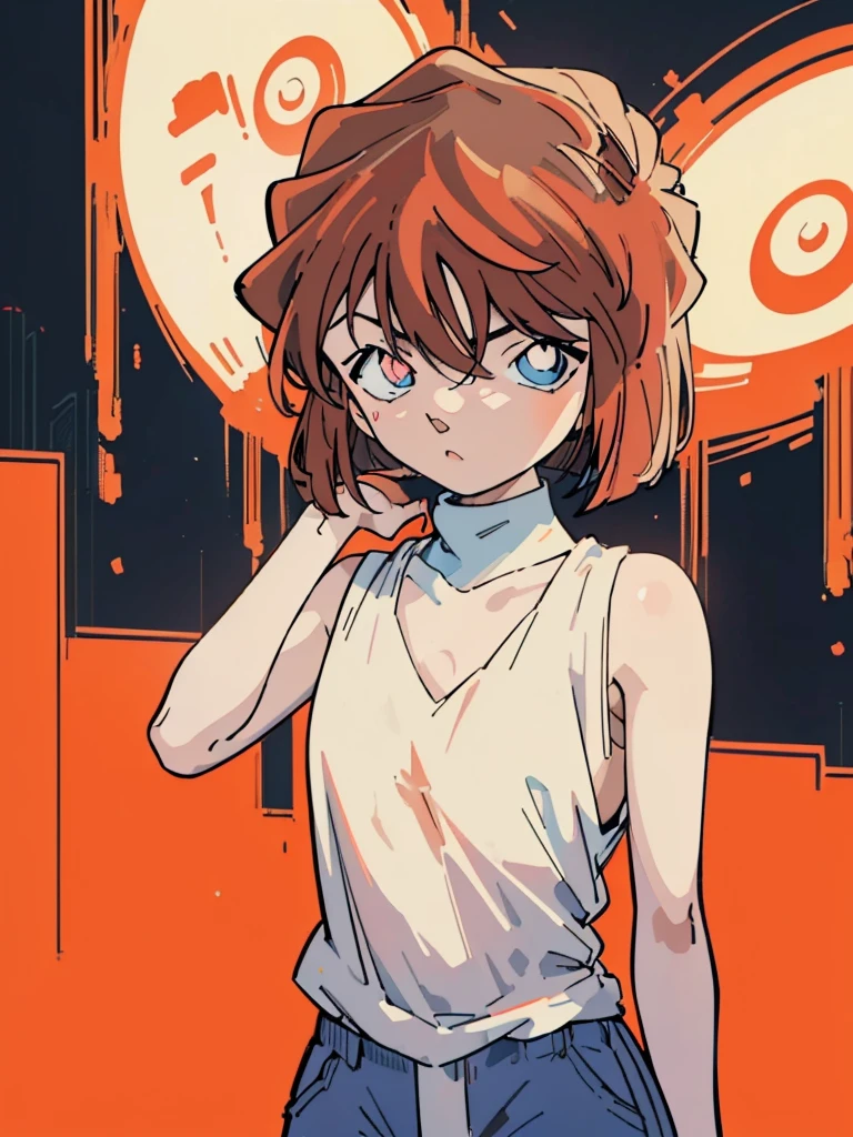 masterpiece, best quality, beautiful face, (street, upper body:1.4), anime style, (1girl in, Solo:1.0), (Haibara Ai), ((Short pants)), (((Big eyes))), (Cute anime girl head), (flat chest),looking at viewer,With a height of 100cm, shoot from front, (head shot), Simple line minimalism, Abstract Art, vivid color