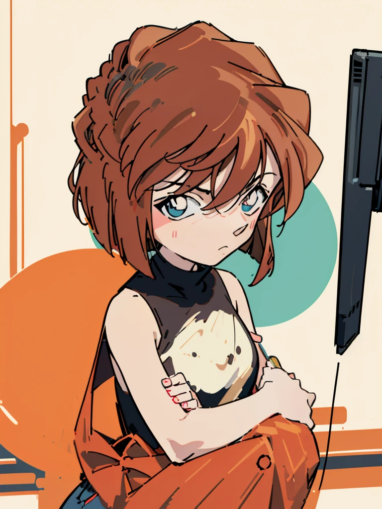 masterpiece, best quality, beautiful face, (street, upper body:1.4), anime style, (1girl in, Solo:1.0), (Haibara Ai), ((Short pants)), (((Big eyes))), (Cute anime girl head), (flat chest),looking at viewer,With a height of 100cm, shoot from front, (head shot), Simple line minimalism, Abstract Art, vivid color