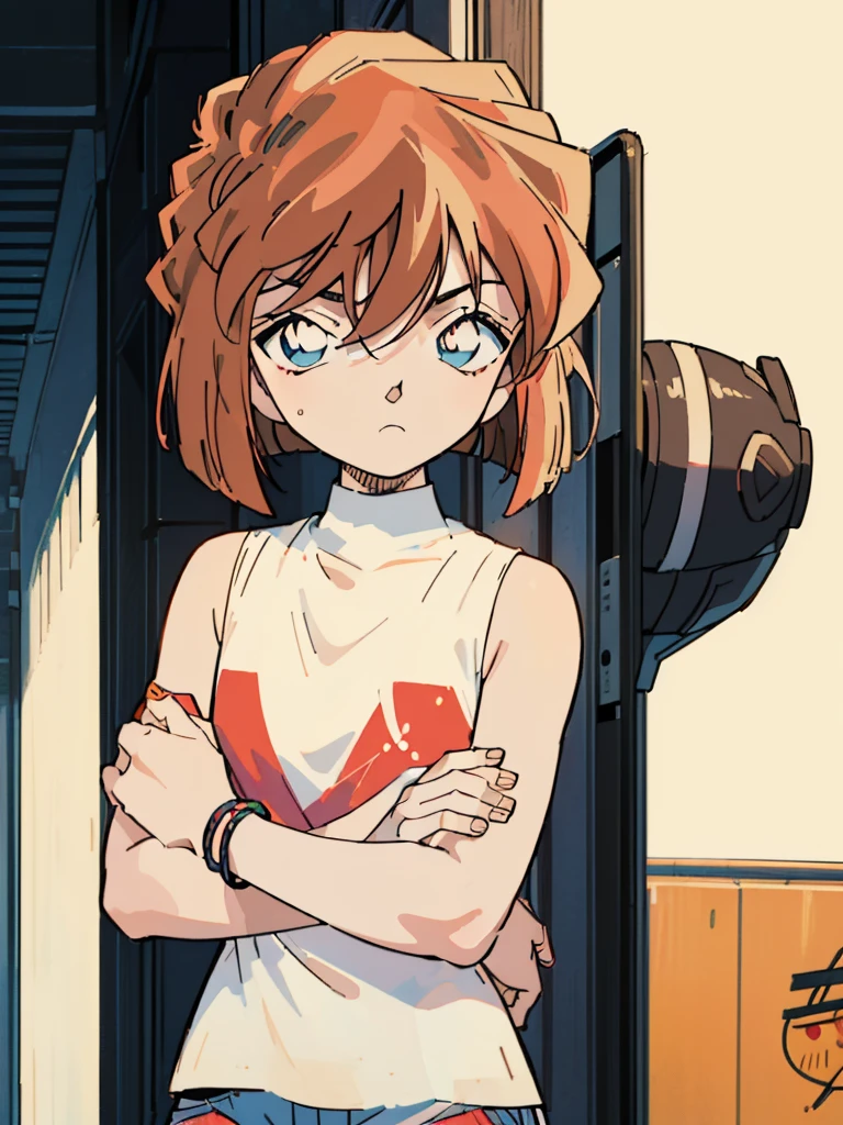 masterpiece, best quality, beautiful face, (street, upper body:1.4), anime style, (1girl in, Solo:1.0), (Haibara Ai), ((Short pants)), (((Big eyes))), (Cute anime girl head), (flat chest),looking at viewer,With a height of 100cm, shoot from front, (head shot), Simple line minimalism, Abstract Art, vivid color