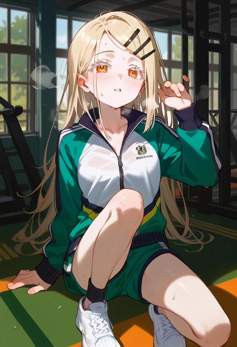 nsfw,best quality, masterpiece, uncensored, BEARK, hiro-gym,shinosawa hiro,slender,orange eyes,white eyelashes,blonde hair,long hair,hairclip,track jacket,green shorts,white sneakers, sweat on head, heavy breathing, head focus, transparent sneakers, open shirt,