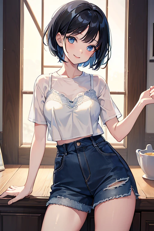 ((Highest quality)), ((masterpiece)), (Familiar), Illustration Style,Perfect Face,1 Girl,Black Hair,Short Hair,Glowing Skin,big, Bright Blue Eyes,Beautiful Bangs,Small breasts,Super Beauty,woman,,bra,shorts,Beautiful clothes,,160cm,smile